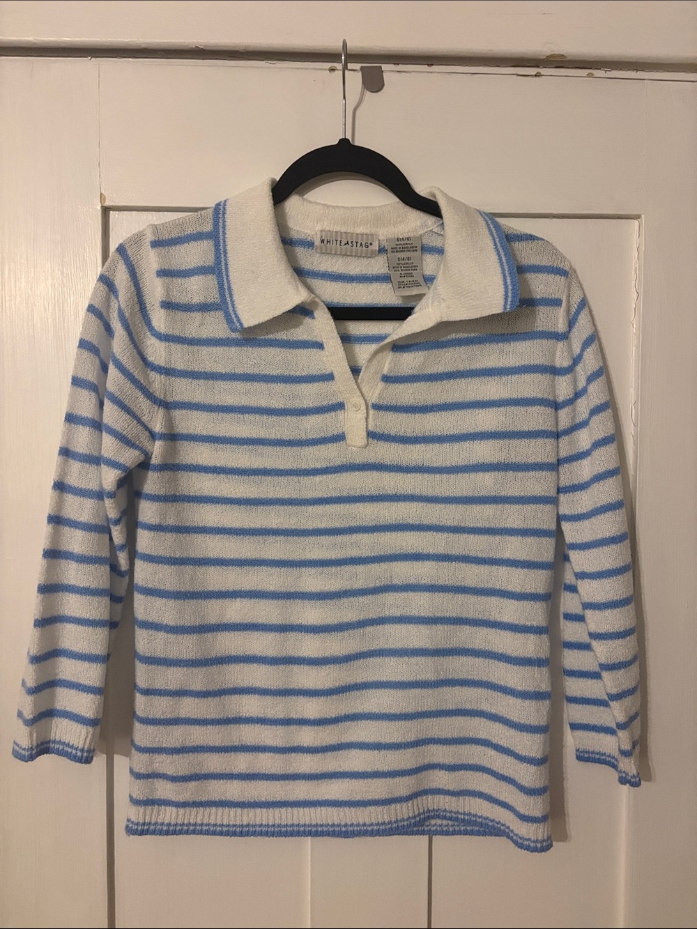 White Stag White & Light Blue Striped V‑Neck Polo Sweater